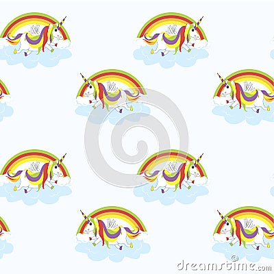 Cute White Unicorn on blue cloud seamless pattern, rainbow background with red violet yellow green Vector Illustration